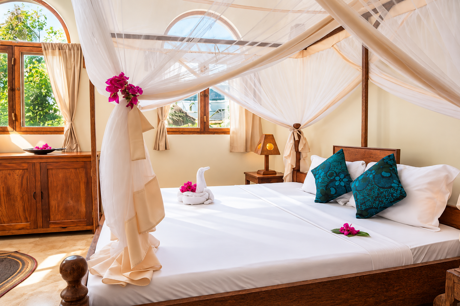 Honeymoon suite with a canopy bed and arched windows