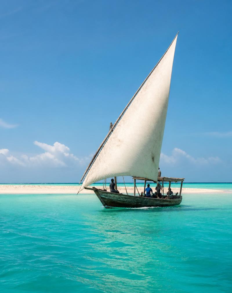 Traditional dhow sailing near a Zanzibar sandbank
